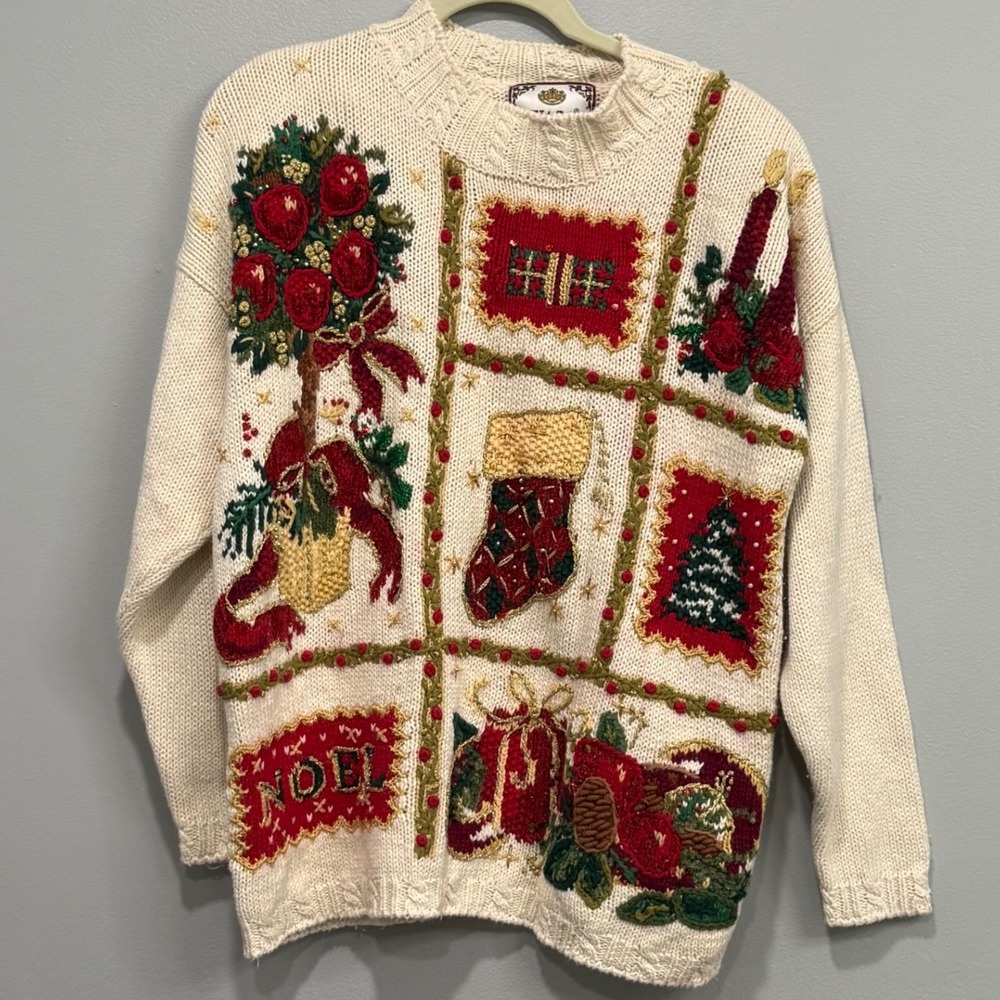 Tiara International Vintage Christmas Sweater Cream Embroidered Noel Large